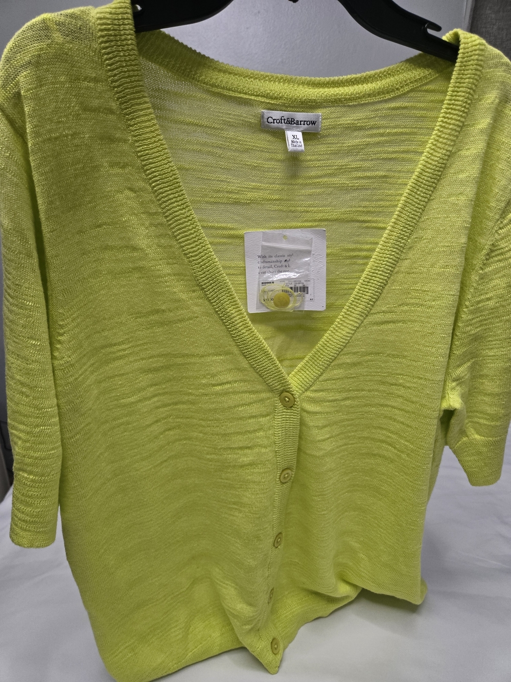croft & barrow Neon Lime V-Neck Button Front Short Sleeve Cardigan